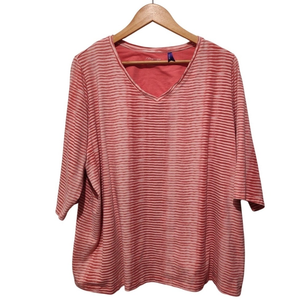 Catherines Petite 1XWP V-Neck Top Pink White Striped 3/4 Sleeve Plus Size 18/20